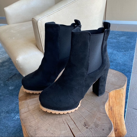 Black Platform Heel Suede Chelsea Ankle Boot with Brown Rubber Sole - Picture 2 of 4